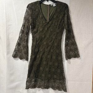 Sans Souci Women's Medium Olive Green Crochet Lace Bell Sleeve Dress